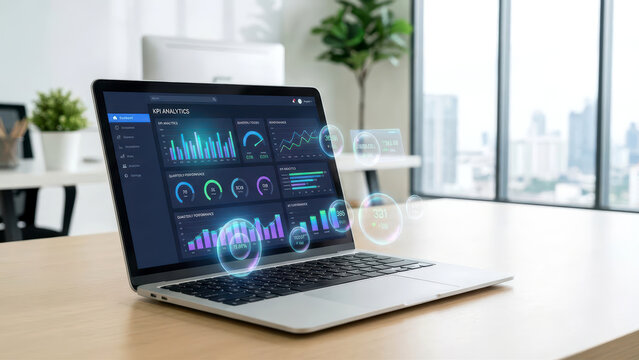 Business Data Analytics Dashboard on Laptop with Futuristic Holographic Interface - Powered by Adobe
