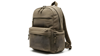 A versatile khaki canvas backpack with multiple zippered compartments stands isolated on a white background. A modern rucksack for school, travel, or daily commute