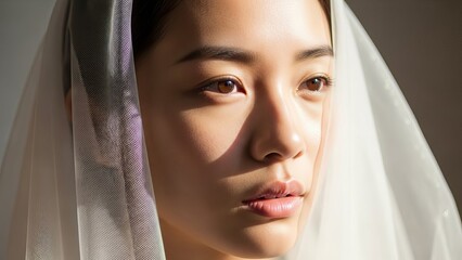 Fototapeta premium A serene Asian woman wearing a white veil looks directly at the camera