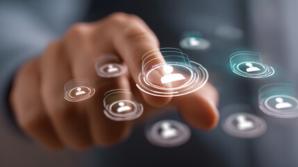 A person's hand interacting with a digital interface of interconnected user icons