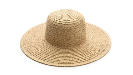 Elegant wide-brimmed straw sun hat for summer fashion, isolated on a clean white background