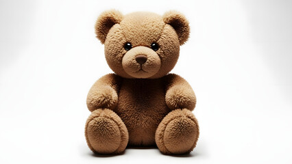 Obraz premium A cute brown teddy bear sitting on a plain white background. This classic stuffed animal is a symbol of childhood comfort, innocence, and gentle friendship
