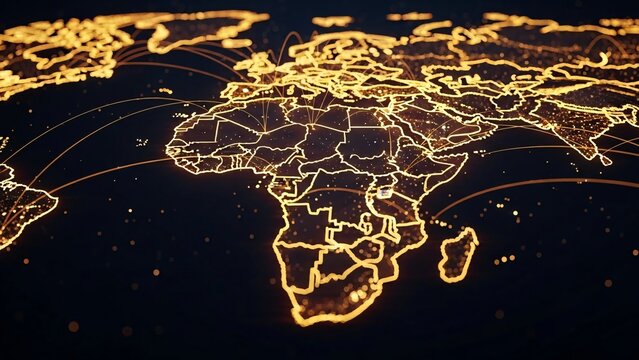 Global illuminated world map highlighting continents and countries with glowing borders and connecting lines representing international communication and connectivity in a dark background - Powered by Adobe