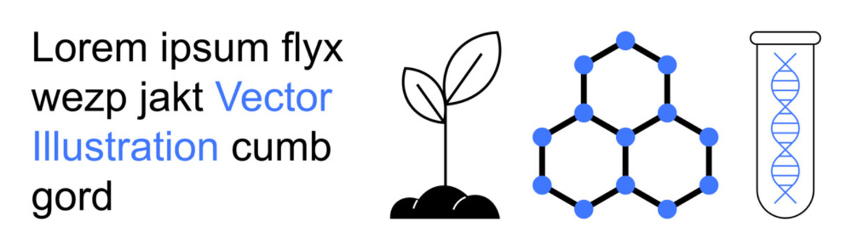 Biotechnology, sustainability, genetic research, molecular science, biology, environmental innovation. A plant, molecular structure and test tube with DNA. Biotechnology and sustainability concept