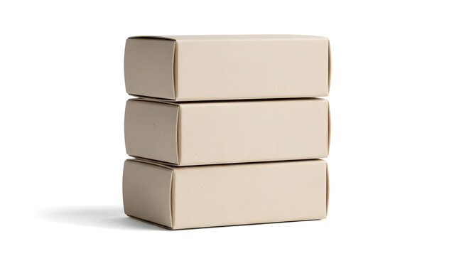 A clean stack of three blank beige cardboard boxes isolated on a white background, ideal for product packaging mockups and branding