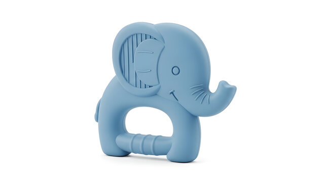 Charming blue elephant baby teether, a non-toxic chewing toy for teething infants on a white background