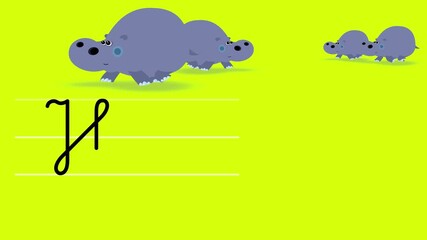 H letter writing like hippo color cartoon animation. A compatibile part of the alphabet serie. Handwriting educational style for children. Good for education movies, presentation, learning alphabet.