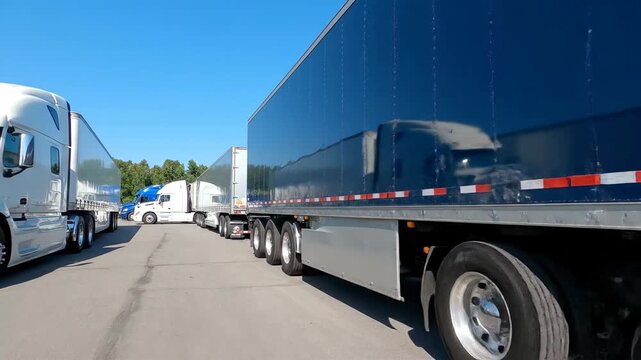 Commercial truck fleet parking lot with blue sky and green trees