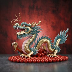 Fototapeta premium Chinese Dragon Ornate Statue on Red Beads with Textured Background 3D Render