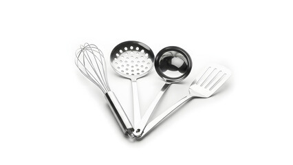 A collection of essential stainless steel kitchen utensils including a whisk, ladle, skimmer, and spatula, isolated on a clean white background