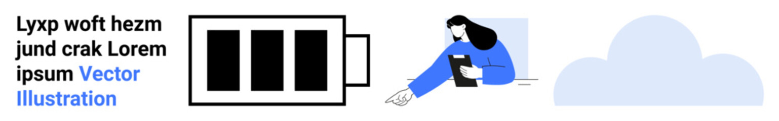 Cloud storage, data management, information access, digital workflow, technology solutions, remote computing. Person seated near a cloud and battery icon holding a tablet. Cloud storage and data © robu_s