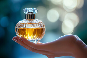 Luxury perfume bottle held in female hand with soft bokeh background. Premium beauty, fragrance storytelling concept. Lifestyle branding, fashion concepts, cosmetic and emotional luxury visuals.