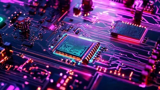 Close up view of a circuit board showing various chips and vibrant purple LED lights illuminating the details and connections