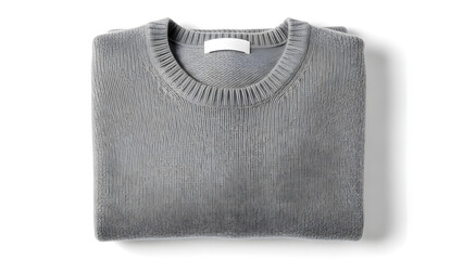 Top view of a neatly folded gray knit sweater or pullover with a blank tag, isolated on a clean white background