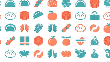 Vibrant and festive Chinese food icons creating a seamless vector pattern, showcasing popular Asian dishes and cultural culinary elements
