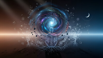 Silhouette Meditating Figure with Cosmic Spiral and Abstract Symbols