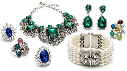 An elegant collection of fashion jewelry featuring a green crystal statement necklace, a pearl bracelet, rings, and earrings isolated on a white background