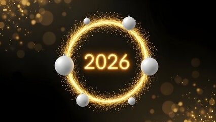 Happy New Year 2026 Celebration with Golden Ring, Festive Ornaments, and Sparkling Bokeh