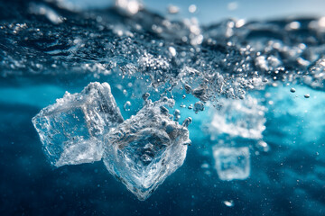 Melting ice cube cluster underwater, tiny bubbles and shimmering reflections in clear water