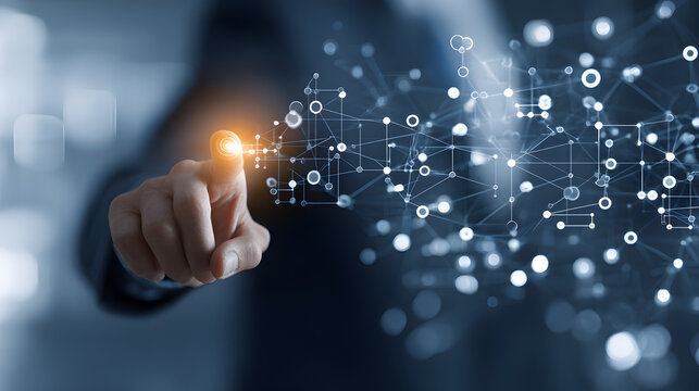 A businessman interacting with a futuristic network interface in a modern office setting - Powered by Adobe
