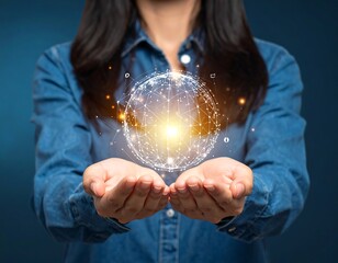 Woman cupping a glowing digital sphere with both hands