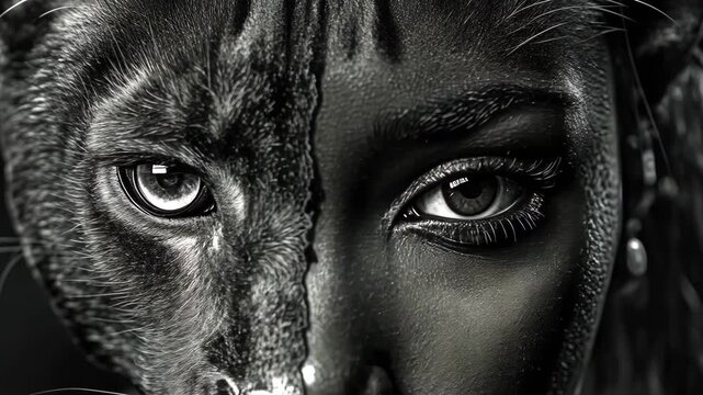 A visual exploration combining the features of a black panther and a female face in a striking artistic representation