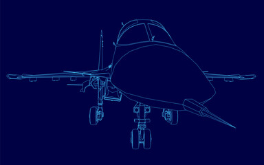 Detailed blueprint of a military fighter jet, featuring its full wingspan and tail fins in sharp contour lines against a solid blue background. © German Ovchinnikov