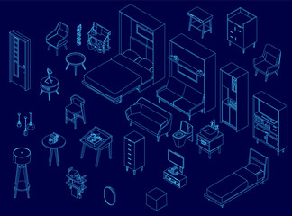 Fototapeta premium Isometric furniture set in blue includes a bed, chairs, tables, and cupboards. The clean contour design presents a complete interior objects collection. Isometric view