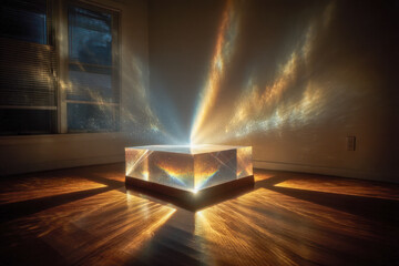 Clear glass prism in water tank casting sharp geometric caustic lines below