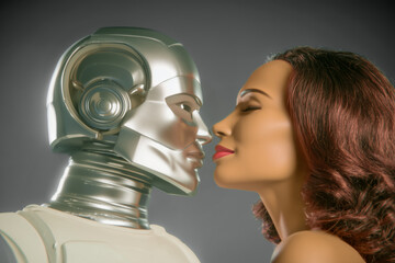 An android robot as a man, a humanoid robot in love with a woman. They are about to kiss.