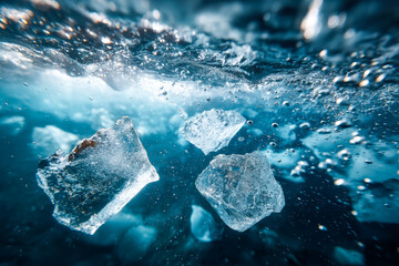 Delicate cracked ice sheet suspended in clear water with geometric fragments and bubbles