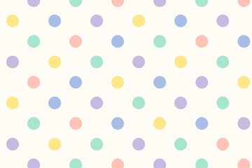 Colorful polka dot pattern fills the background with light pastel shades of blue, pink, yellow, and green across the surface evenly