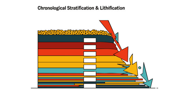 This scientific diagram illustrates the geological process of chronological stratification and lithification, showing layers of sediment forming over time under pressure.
