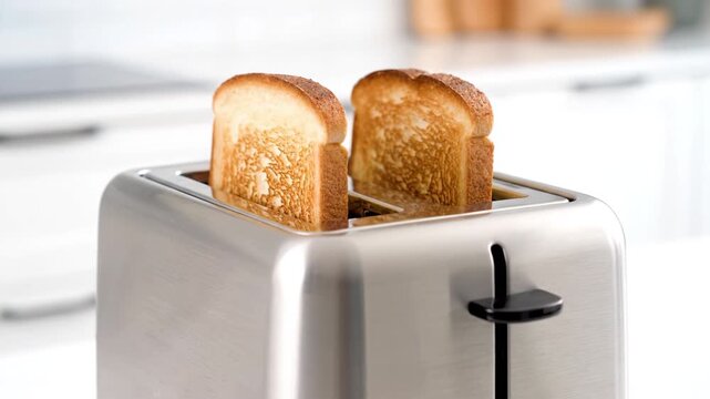 Toasted bread slices pop from stainless steel toaster modern white kitchen countertop with warm golden crust and steam hint evoking cozy breakfast moment�two toasted slices bright kitchen counter