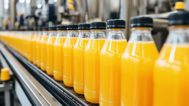 Bottles of orange juice move along a production line as they are filled, sealed, and prepared for packaging at a factory