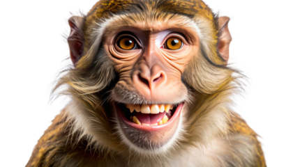 Close-up of a smiling primate with detailed fur and bright, expressive eyes