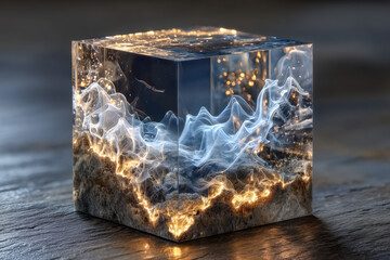 Transparent acrylic cube with layered white smoke fluid creating surreal visual effect on dark stone