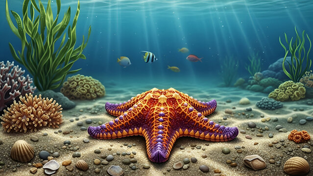 Bright Starfish Centered on Ocean Floor with Coral and Seagrass - Powered by Adobe