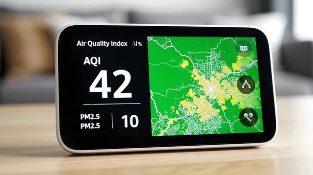 Air quality monitor displaying AQI index in a home environment.