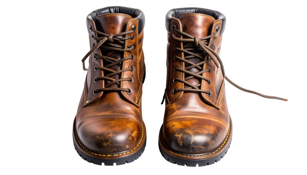 A frontal view of two brown leather boots with laces, set against a black backdrop - Powered by Adobe