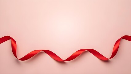 A red ribbon gracefully waves across a soft pink background.