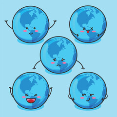 A playful set of cute Earth globe illustrations showing different facial expressions and emotions, including happy, sad, laughing, sleepy, and silly. 