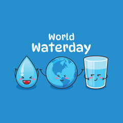 A smiling water drop, a happy Earth, and a glass of clean water holding hands celebrating World Water Day. The cartoon promotes water conservation, environmental awareness