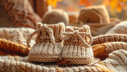 Obraz premium Soft knitted baby booties nestled on a cozy blanket, evoking a sense of new beginnings and autumnal comfort, perfect for a little one's arrival