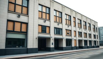 Empty office building, boarded windows, desolate street,  instability,  foreclosure