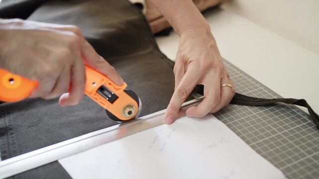 Tailor measuring and cutting black fabric with rotary cutter and ruler while working on garment design pattern in workshop