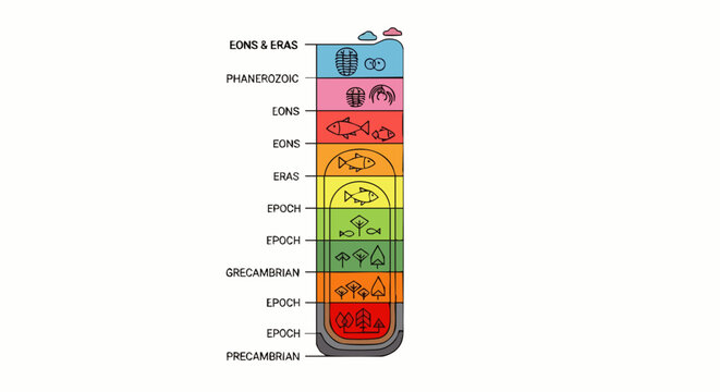 Diagram illustrating the geological timescale with icons representing life forms and geological periods.