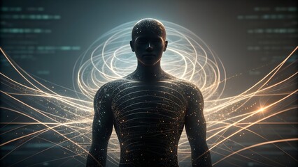 Futuristic human with glowing circuits and digital aura