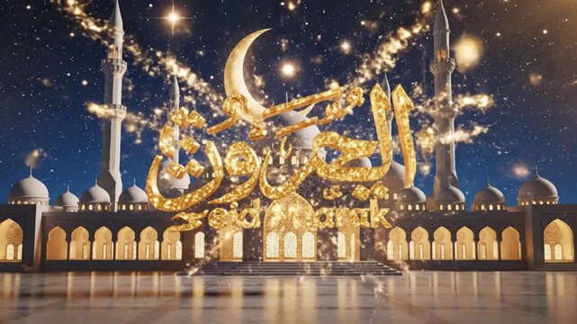 Grand mosquestyle building under a starry night sky with a crescent moon golden lanterns and prominent gold Arabic script
