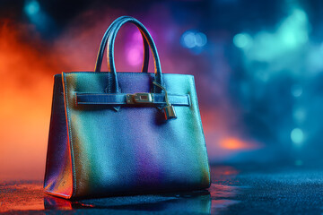 Black fashion handbag on reflective glass, moody gradient backdrop and highlights
